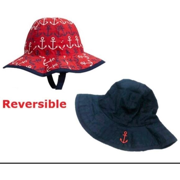 PB Kids Nautical BABY SUN HAT 3-6 Mo Reversible Red Blue Boat Anchor Pool Beach - Picture 1 of 4